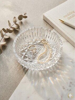 Vintage Crystal Ring Dish Starburst Cut Glass Trinket Bowl Sawtooth Rim Catchall